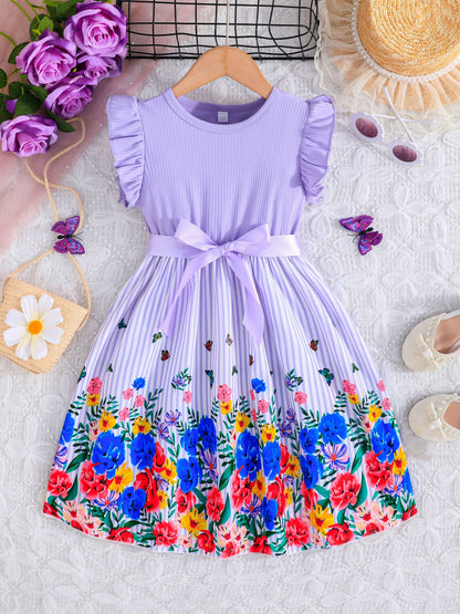 Adorable Girls Floral Butterfly Graphic Dress with Playful Ruffles - Comfortable Straps for Summer Holidays & Parties - Perfect Gift Idea