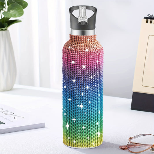 1pc Sparkling Studded Insulated Water Bottle - Stainless Steel Vacuum Flask with Lid for Hot and Cold Drinks - Portable, Leak-Proof, and Sweat-Free Design for Home, Outdoor, and Sports Use - Perfect Gift for Men and Women - 500ml/750ml