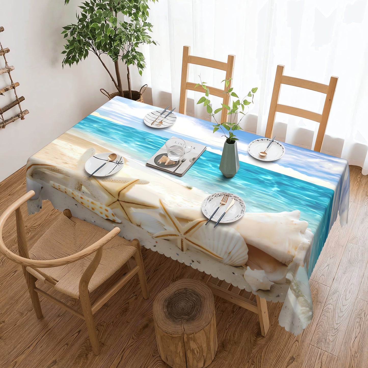 1pc Round/Square Tablecloth, Ocean Beach Clouds Table Cloth, Summer Seascape Coast Sky Shellfish Starfish Wave Tablecover, Waterproof Stain Wrinkle Free, Indoor And Outdoor Table Cover, For Home Kitchen Dining Party Decoration