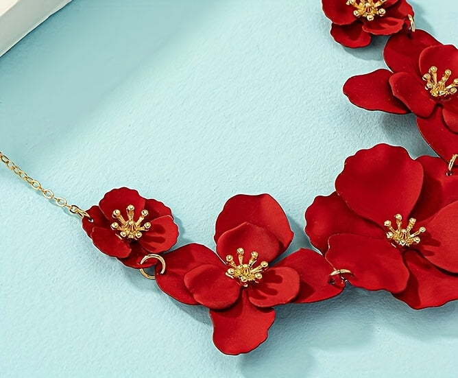 Bohemian Style Handmade Red Pendant Flower Necklace, Fashionable Temperament Women's Floral Princess Necklace Jewelry For Vacation And Casual Wear