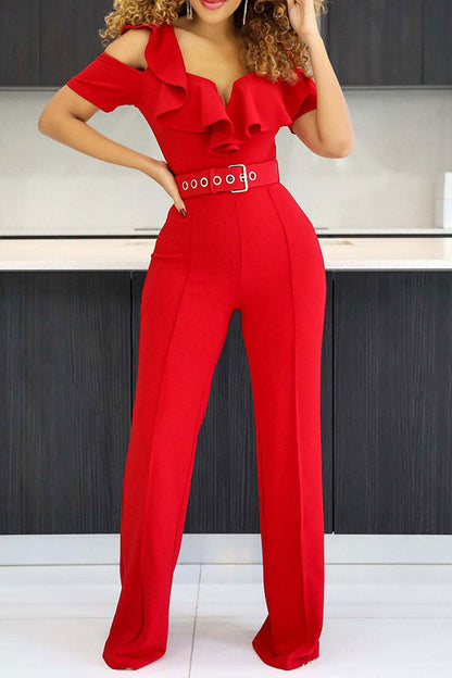 storexq Solid Color Glamorous Ruffle Cold Shoulder Jumpsuit (With Belt)