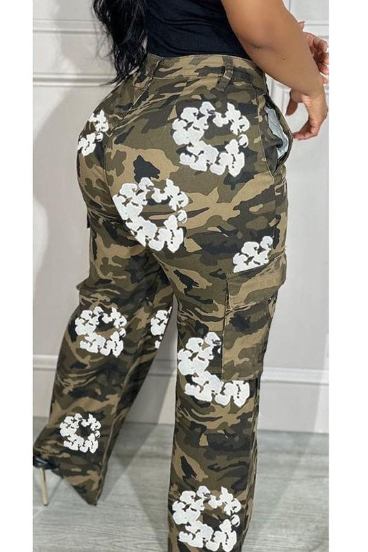 storexq Flower Print Camouflage Casual Multi Pocket Pants