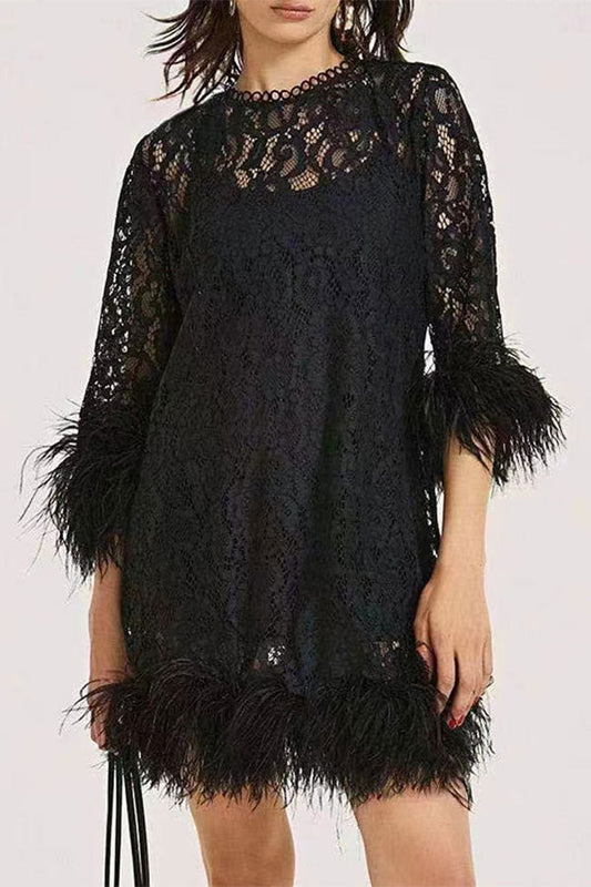 storexq Black Feather Trim Sophisticated Lace Belted Mini Dress