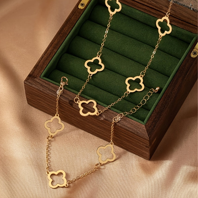 Timeless Chic - Dazzling Clover Charm Jewelry Set - Versatile Golden Necklace & Bracelet for Commuters