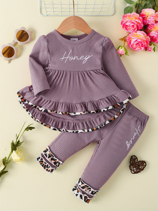 Toddler Baby Girl Cute Outfit - Puff Hem Dress Top + Elastic Pencil Pants Leopard Lace Letter Embroidery Set Outdoor Clothes