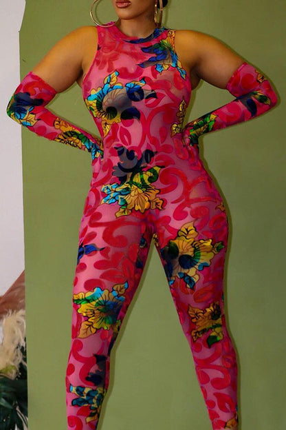 storexq Flower Print Retro Bodycon Jumpsuit (With Gloves)