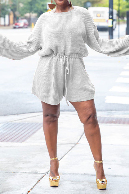 storexq Solid Color Knitted Classic Drawstring Romper