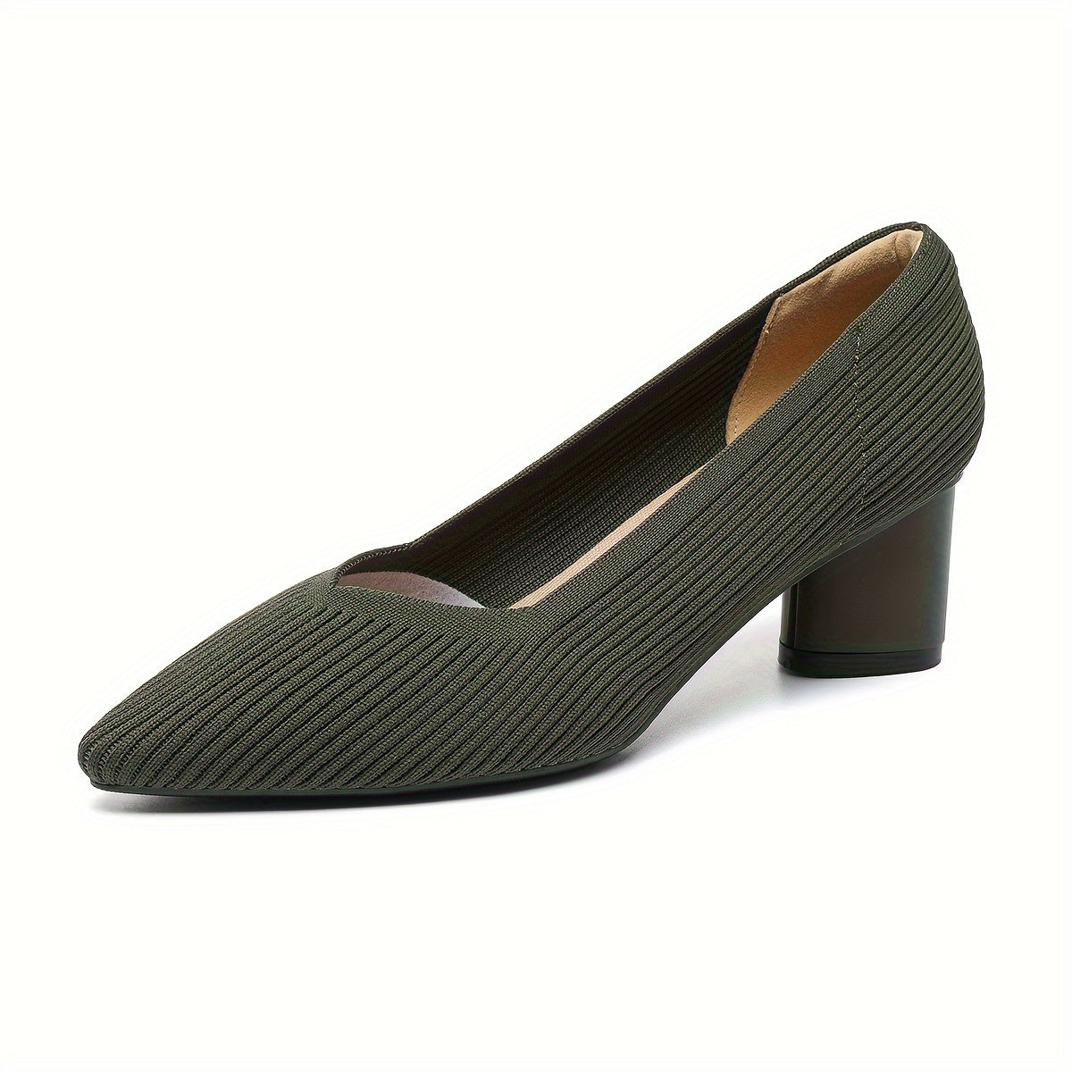 Chic Womens Knit Slip-On Pumps - Soft Chunky Heels, Pointed Toe, Breathable Comfort - Ideal for Work & Casual Style