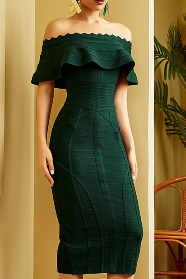 storexq Solid Color Feminine Off Shoulder Midi Dress