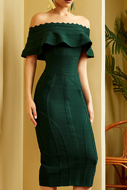 storexq Solid Color Feminine Off Shoulder Midi Dress