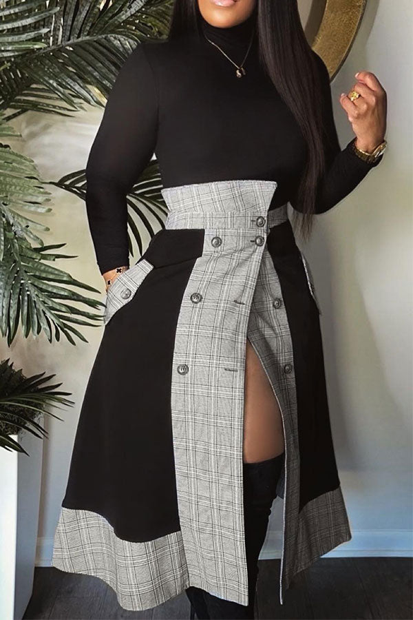 storexq Long Sleeve Top & Plaid Patchwork Modern A-Line Skirt