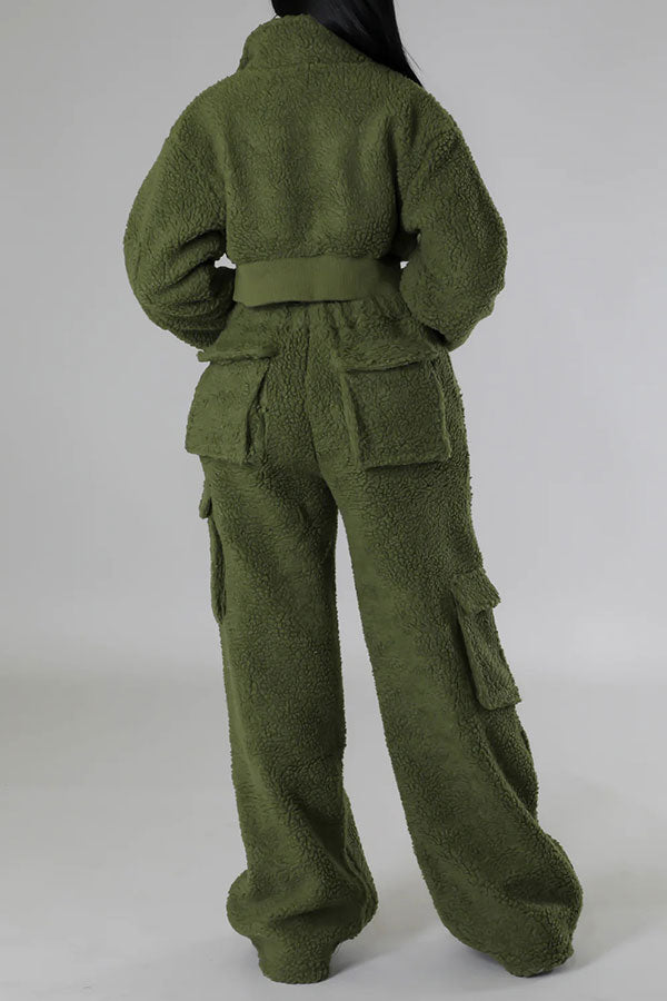 storexq Solid Color Polar Fleece Unusual Multi Pocket Pant Suit