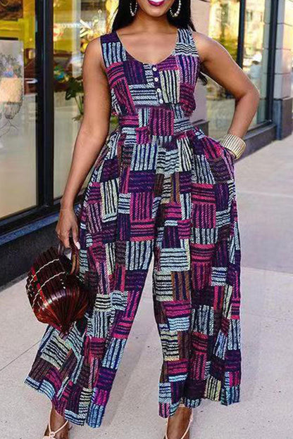 storexq Geometric Print Casual Wide Leg Jumpsuit