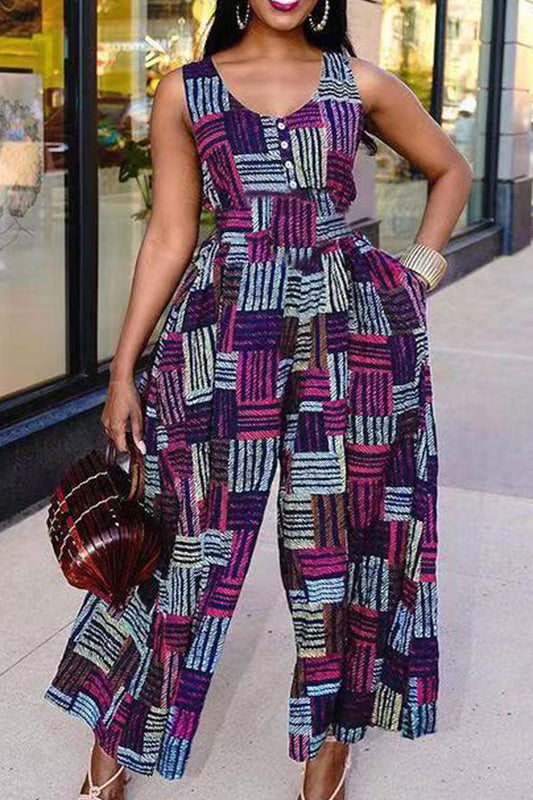 storexq Geometric Print Casual Wide Leg Jumpsuit