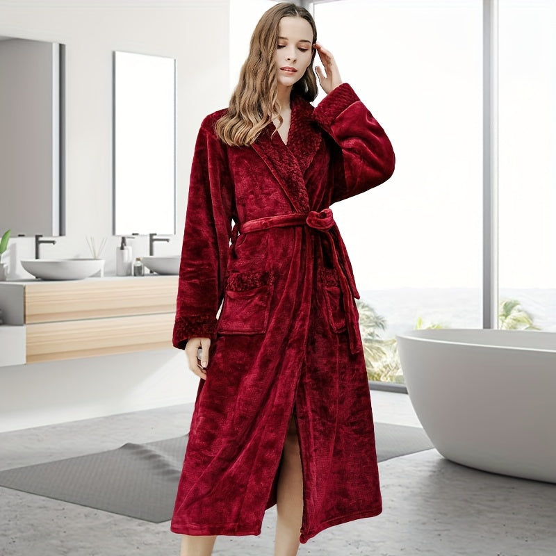 1pc Autumn And Winter Bathrobe, Soft And Skin-friendly Long Sleeve Bathrobe, Thickened Nightgown With Pocket, Warm Long Robe For Home, Bathroom Supplies