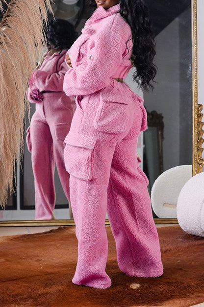 storexq Solid Color Polar Fleece Unusual Multi Pocket Pant Suit