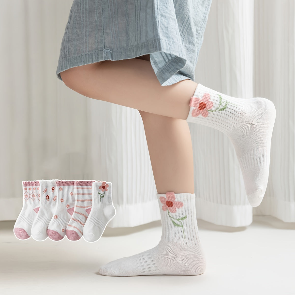 5 Pairs Of Kid's Cotton Blend Fashion Cute Floral Pattern Crew Socks, Comfy & Breathable Soft & Elastic Thin Socks For Spring And Summer