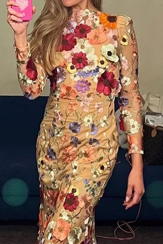 storexq Floral Embroidery Oriental Bodycon Midi Dress