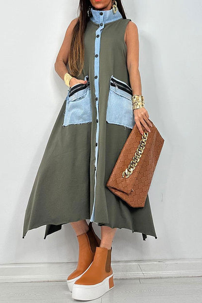 storexq Hit Color Patchwork Urban Pocket Irregular Midi Dress