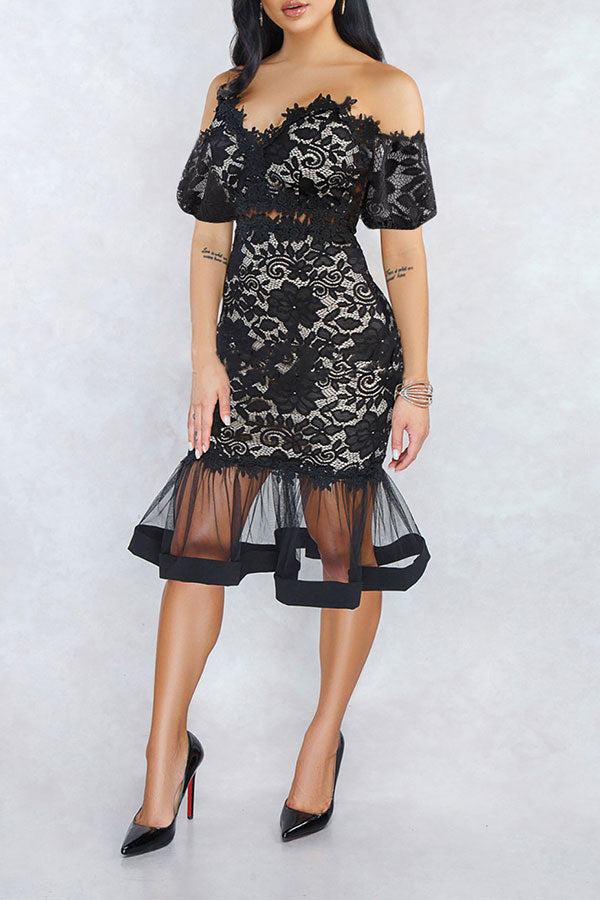 storexq Floral Lace Elegant Midi Dress