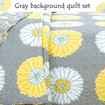 Anya Floral Yellow Grey Reversible Quilt Bedding Set, Lightweight Bedspread Coverlet for All Seasons