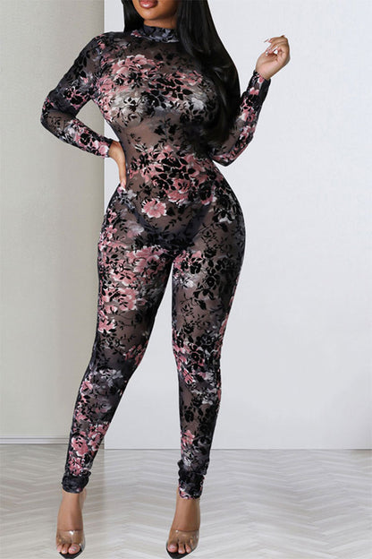 storexq Floral Print Party See-Through Bodycon Jumpsuit