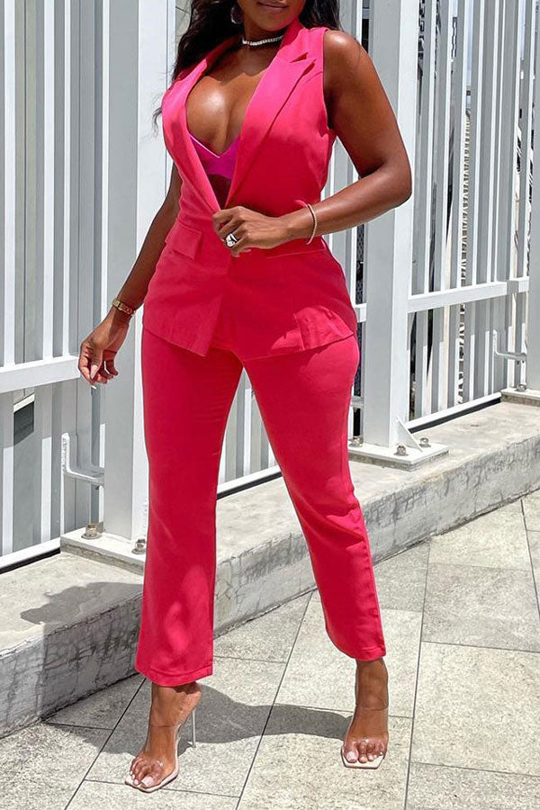 storexq Solid Color Peak Lapel Feminine Sleeveless Pant Suit