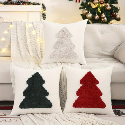 1pc Traditional Style Christmas Tree Embroidered Throw Pillow Cover, Geometric Pattern, Cotton Blend, Zip Closure, Hand Wash Only, for Living Room Decor - Festive Holiday Cushion Case