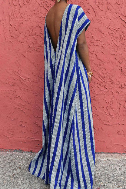 storexq Color Block Striped Simple Backless Maxi Dress