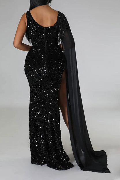 storexq Sequined Luxe Tassel Trim High Split Maxi Dress