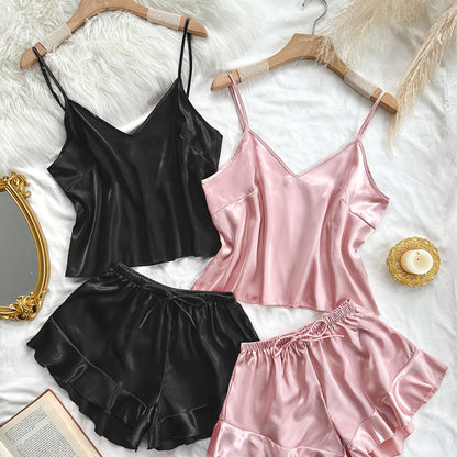 2 Sets | Luxurious Womens Satin Pajama Set - Flirty V-Neck Camisole with Adjustable Straps & Ruffled Shorts - Elegant, Year-Round Sleepwear for a Chic Nights Rest