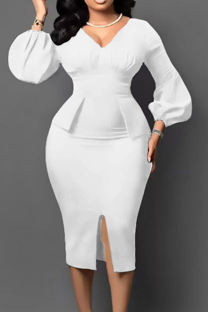 namcoverse Solid Color Elegant High Split Puff Sleeve Midi Dress