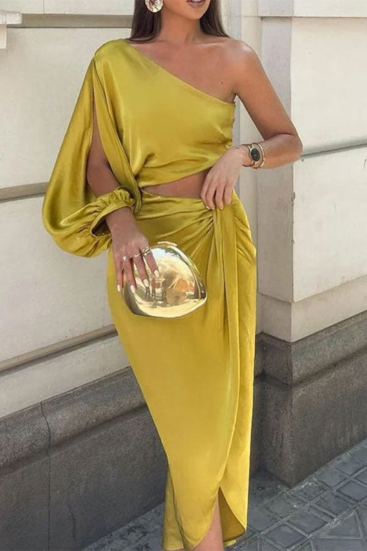 storexq Solid Color Romantic Cutout Asymmetric Midi Dress