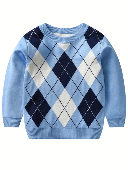 Cozy Boys' Argyle Sweater - Soft Stretchy Long Sleeve Round Neck Pullover Top for Kids - Warm Knit Outdoor Clothing for Winter and Fall