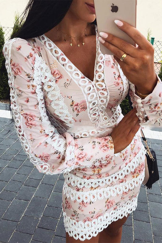 storexq Floral Print Lace Patchwork V Neck Pretty Bodycon Mini Dress