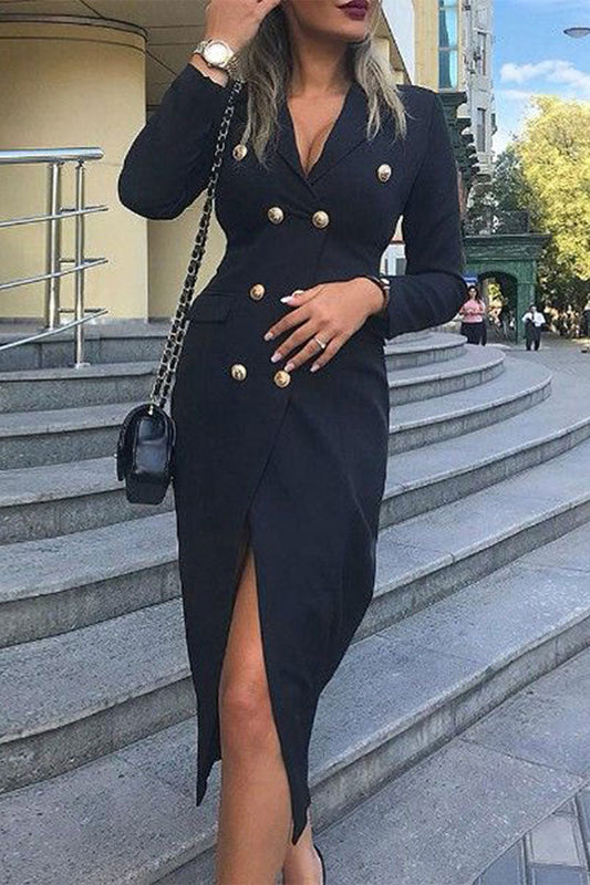 storexq Solid Color Classic Double Breasted Midi Dress