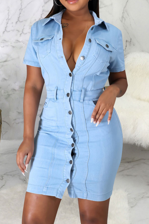 storexq Blue On-trend Single Breasted Denim Mini Dress