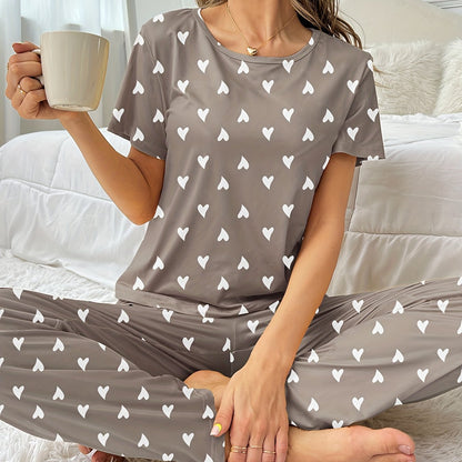 Cozy Heart Print Pajama Set - Soft Micro Elastic Polyester Casual Crew Neck Short Sleeve Top and Pants for Women - Flame Resistant, Random Printing, All Seasons Comfortable Sleepwear