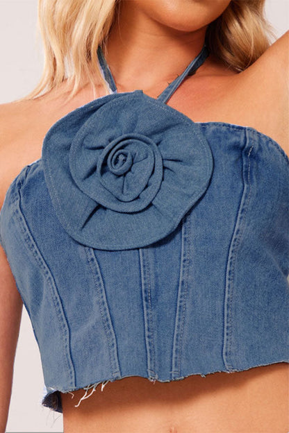 storexq 3D Flower Decor Halter Collar Smart Denim Camisole