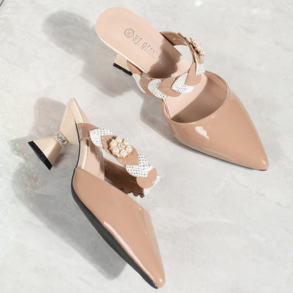 High Heel Pointed Toe Block Heel Sandals - Elegant Faux Pearl & Heart Embellished Slip-On Dress Slides with PU Faux Leather Upper, Rubber Sole, and Comfortable Polyurethane Insole - Perfect for Valentines Day, All-Season Wear