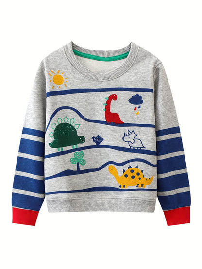 Boys Cartoon Dinosaurs Long Sleeve Crew Neck Pullover Sweatshirt - Soft Cotton, Slight Stretch, Casual Style for Spring/Fall - Hand Wash Only, Regular Fit, Knit Fabric