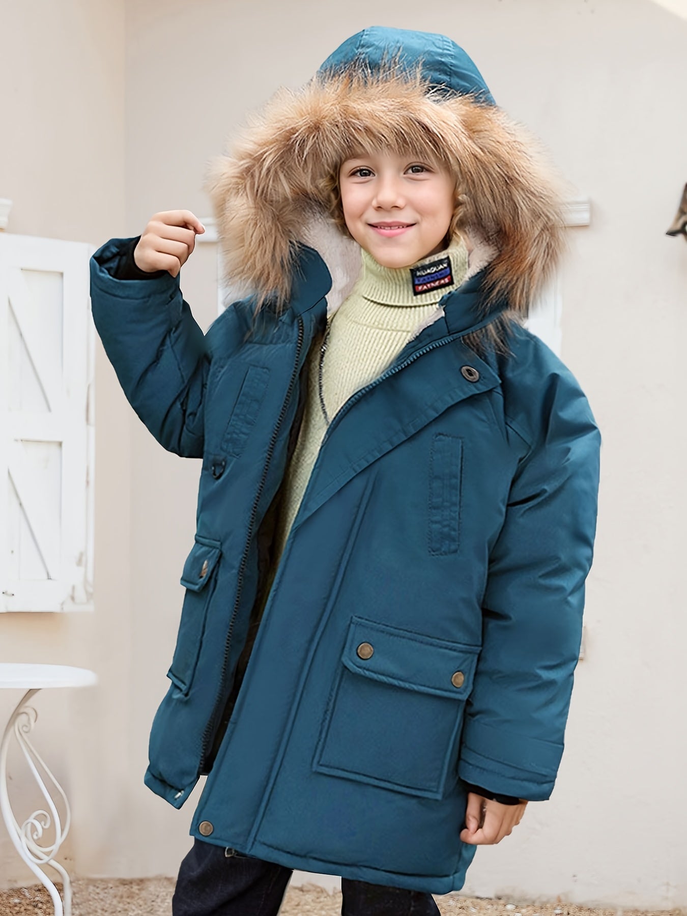 Boy's Trendy Plush Warm Lining Jacket, Long Sleeve Coat With Hat And Pockets For Autumn And Winter Outdoor Activities