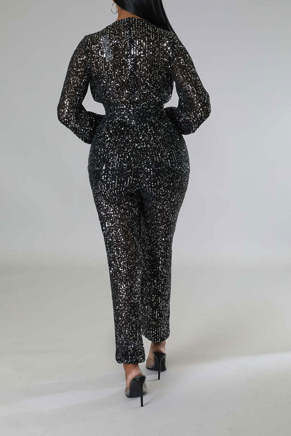 storexq Sequined Sparkly V Neck Jumpsuit