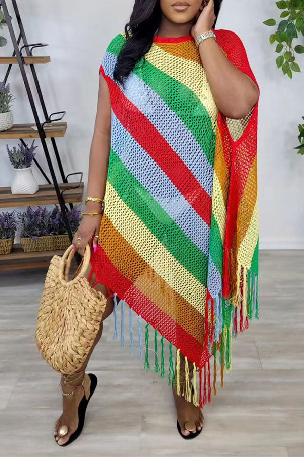 storexq Colorful Diagonal Striped Knitted Tassel Asymmetric Midi Dress