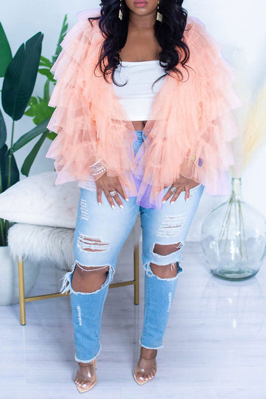 storexq Solid Color Cute Tulle Tiered Ruffle Blouse