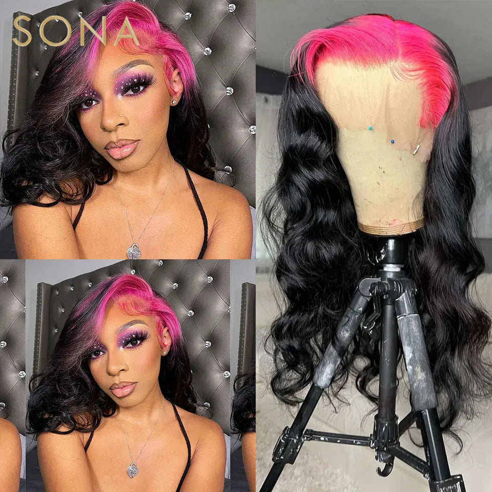 34 Inches Perivian HD Lace Front Wig Red Ombre Black Body Wave Lace Frontal Wig Colored Highlight Wig Synthetic Preplucked