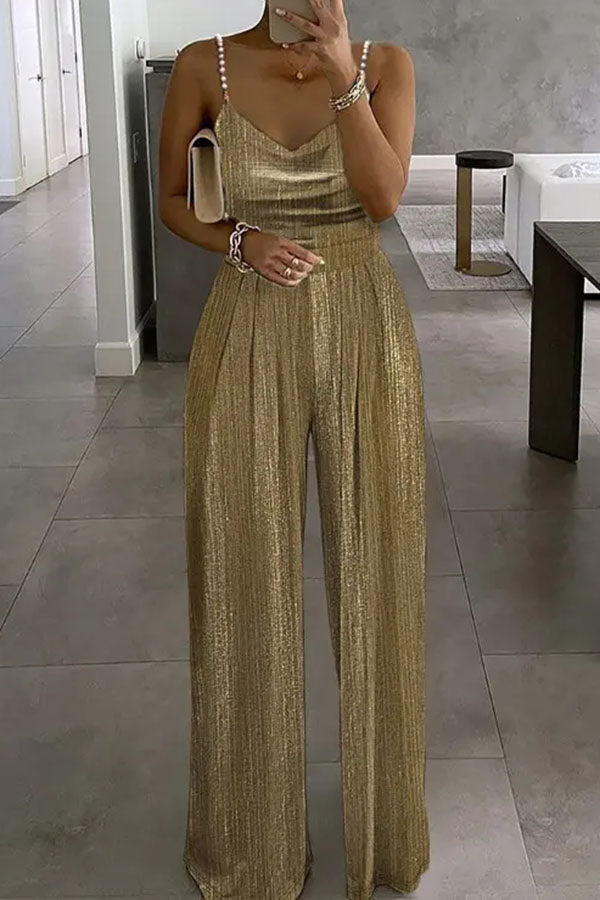 storexq Metallic Romantic Beaded Strap Wide Leg Jumpsuit