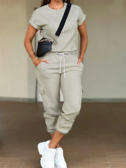 Casual Solid Color Pants Set, Short Sleeve T-shirt & Flap Pockets Drawstring Jogger Pants Outfits, Women's Clothing