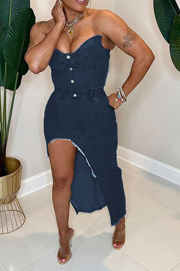 storexq Solid Color Bandeau Hot High Split Denim Midi Dress