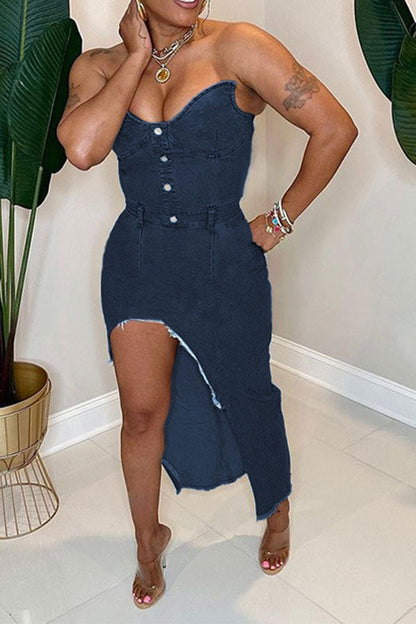 storexq Solid Color Bandeau Hot High Split Denim Midi Dress